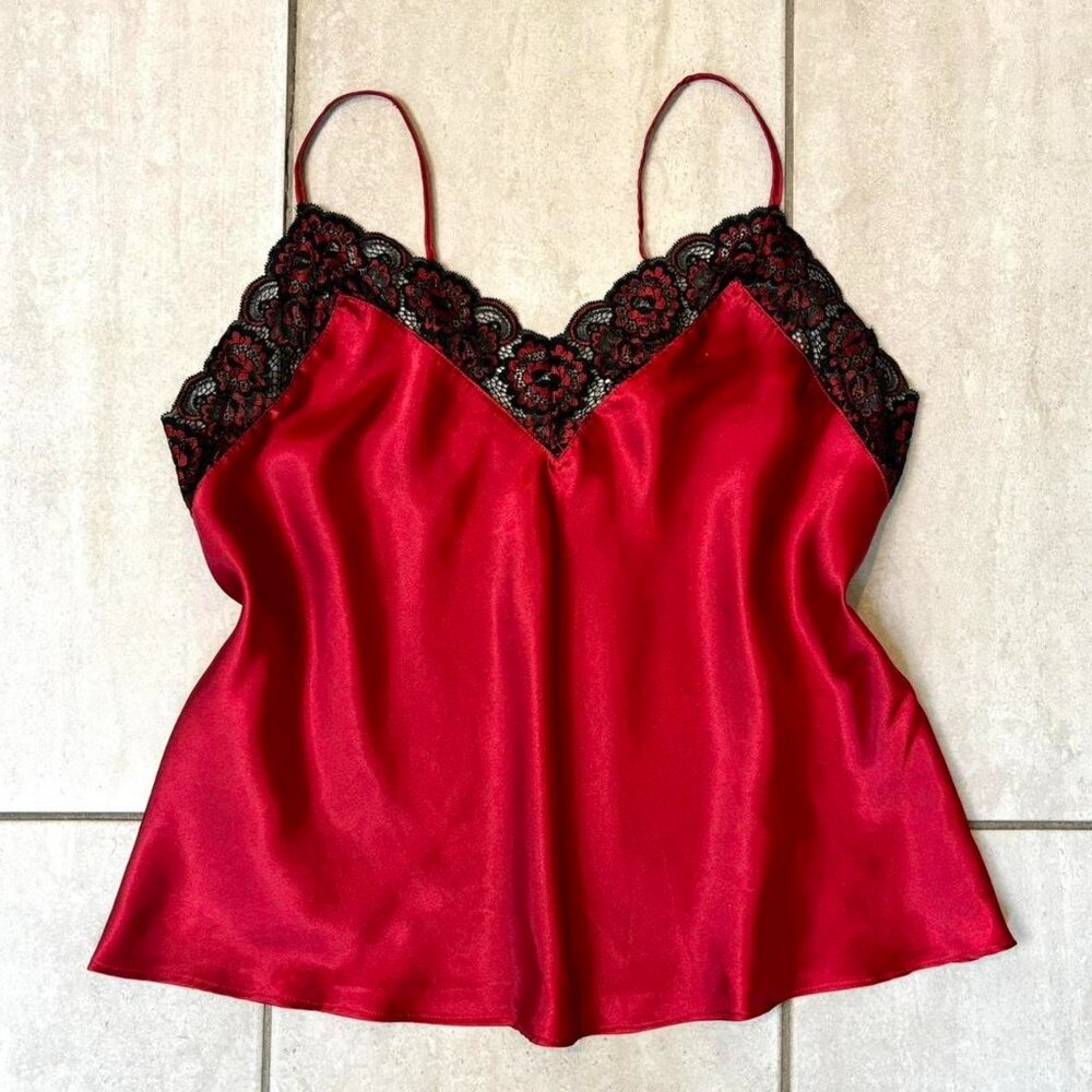 Vintage 2000s red v neck satin tank top